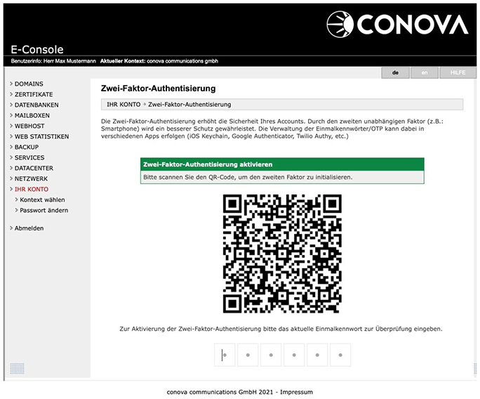 conova E-Console 2-Faktor-Authentisierung