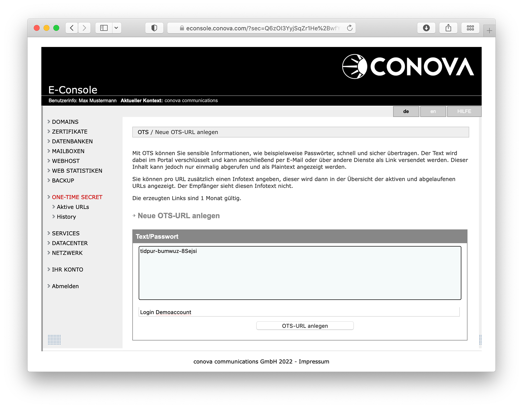 OTS-Modul: Anlegen des conova One-Time Secret in der E-Console