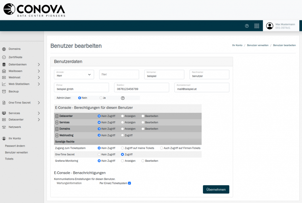 conova E-Console Benachrichtigungen verwalten