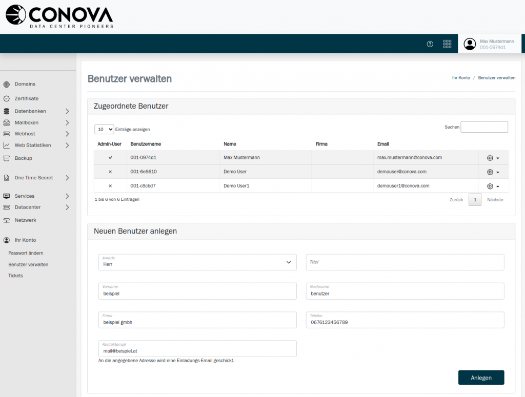 conova E-Console Benutzer anlegen