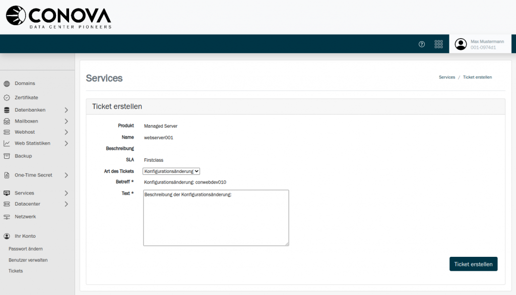 conova E-Console Ticket erstellen